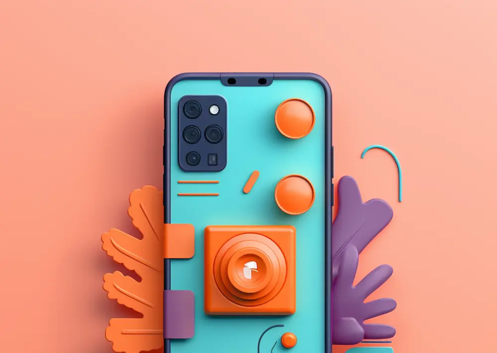 3D phone/mobile render wrapped with decorations in pink, orange, blue, and purple colors.