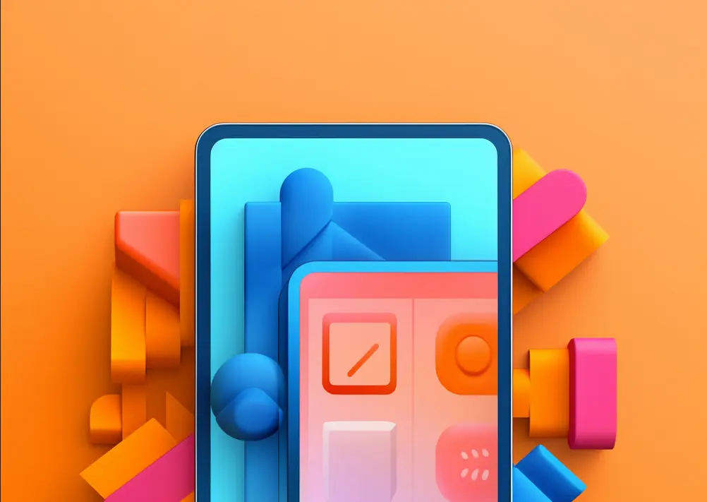 3D tablet/iPad render wrapped with decorations in pink, orange, and blue colors.