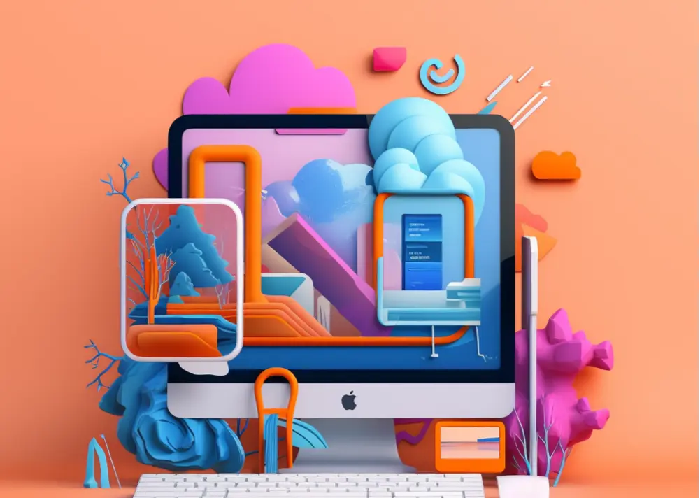 3D desktop/PC/computer render wrapped with decorations in peach, pink, orange, blue, and purple colors.